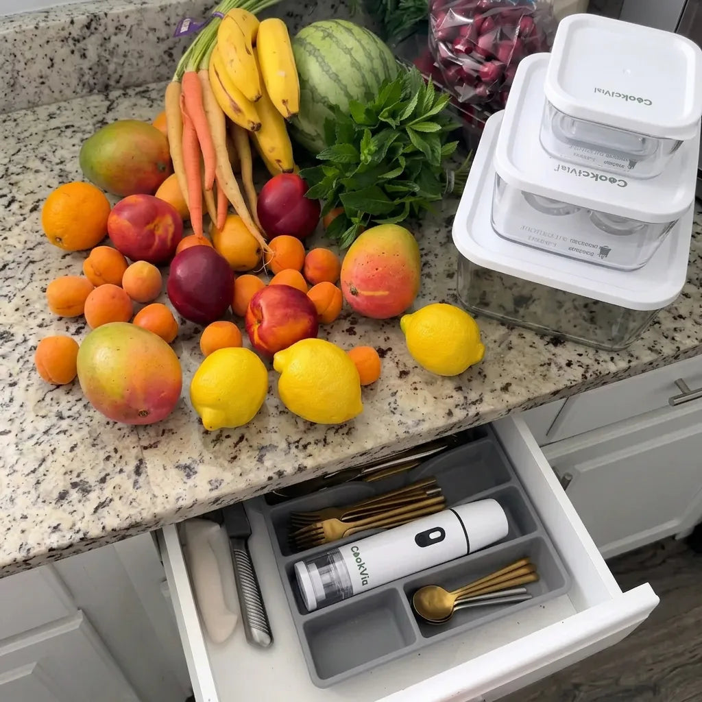 Cajón de cocina organizado con la envasadora al vacío CookVia y tupers de marca, junto a fruta fresca sobre la encimera