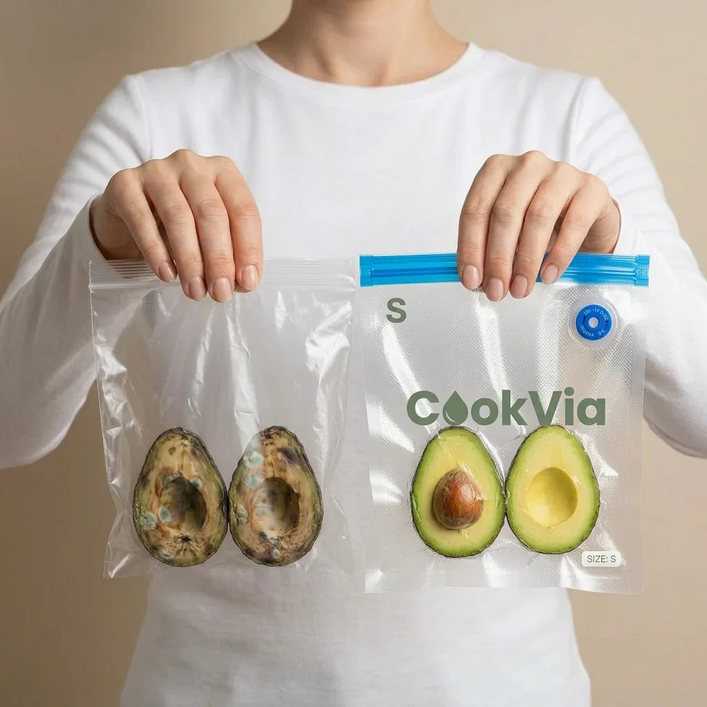 Comparativa de aguacate estropeado sin sellar frente a aguacate fresco sellado al vacío con CookVia