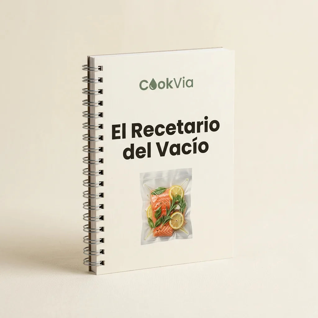 Portada del recetario de batch cooking al vacío CookVia en formato libreta