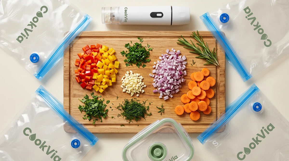 Composición flat lay de ingredientes listos para sellar al vacío con CookVia